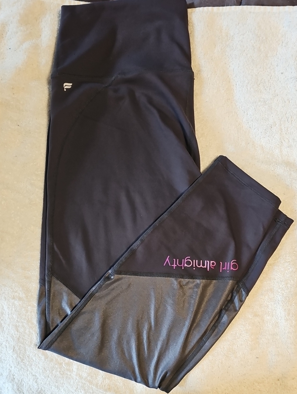 Fabletics Black Leggings with Pink 'girl almighty' Detail